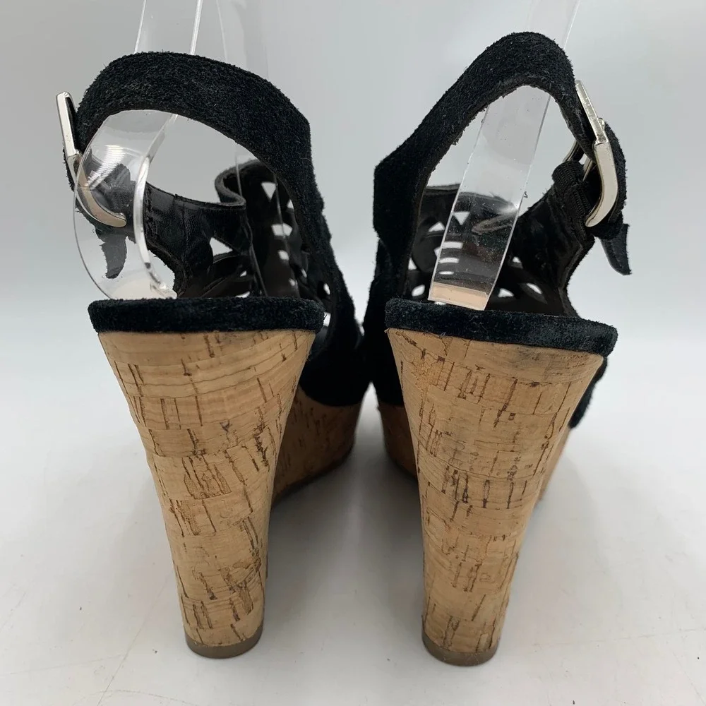 Franco Sarto Black Suede‎ Sandal Cage Wedge Platform Chunky Strappy Sassy Sz 10M